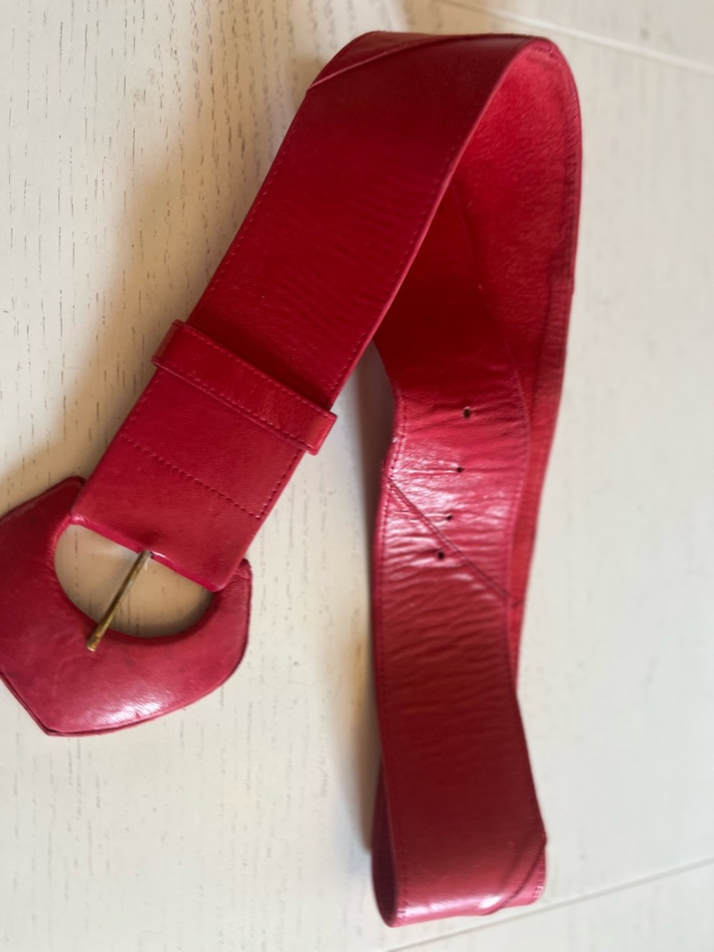 Vintage Wide Red Leather Belt with Bird Patchwork Detail 38inches